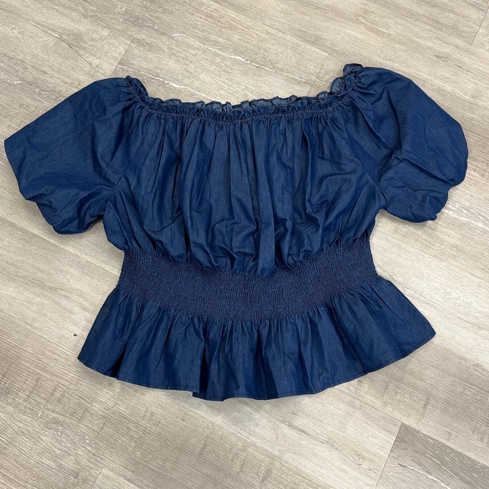 Ashley Stewart Denim Puff Sleeve Peplum Top - NEW - Size 34/36